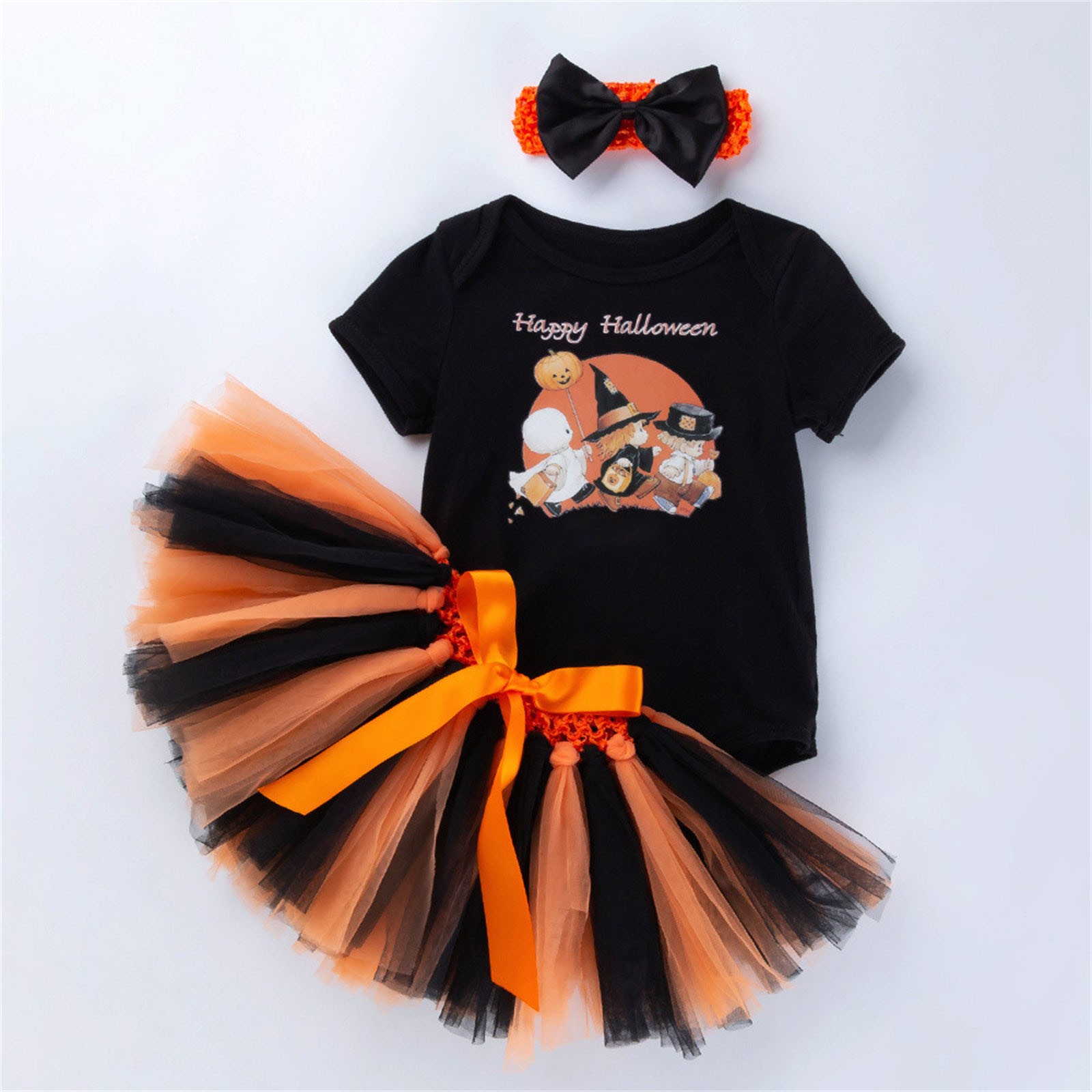 LMTODLFG Baby Boy Clothes Halloween Toddler Girl Short Sleeve Cartoon Print Crawler Top Tulle Skirt Suit for 0-24 Months Baby Gifts for Boys Black 12-24 Months